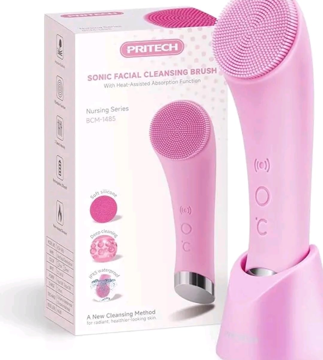 PRITECH Facial Cleansing Brush, Rechargeable Silicone Face Scrubber with Heat Massage End, Vibrating Exfoliator Scrubber for Deep Cleaning, Waterproof Face Brush for Women and Men (Pink) customer photo 1