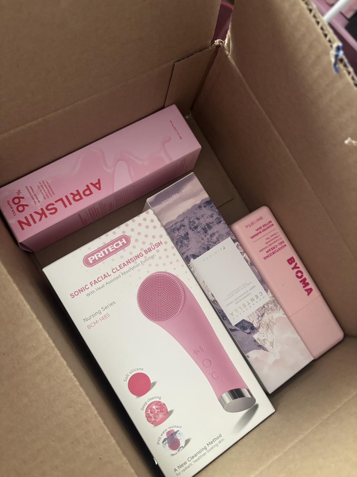 PRITECH Facial Cleansing Brush, Rechargeable Silicone Face Scrubber with Heat Massage End, Vibrating Exfoliator Scrubber for Deep Cleaning, Waterproof Face Brush for Women and Men (Pink) customer photo 2