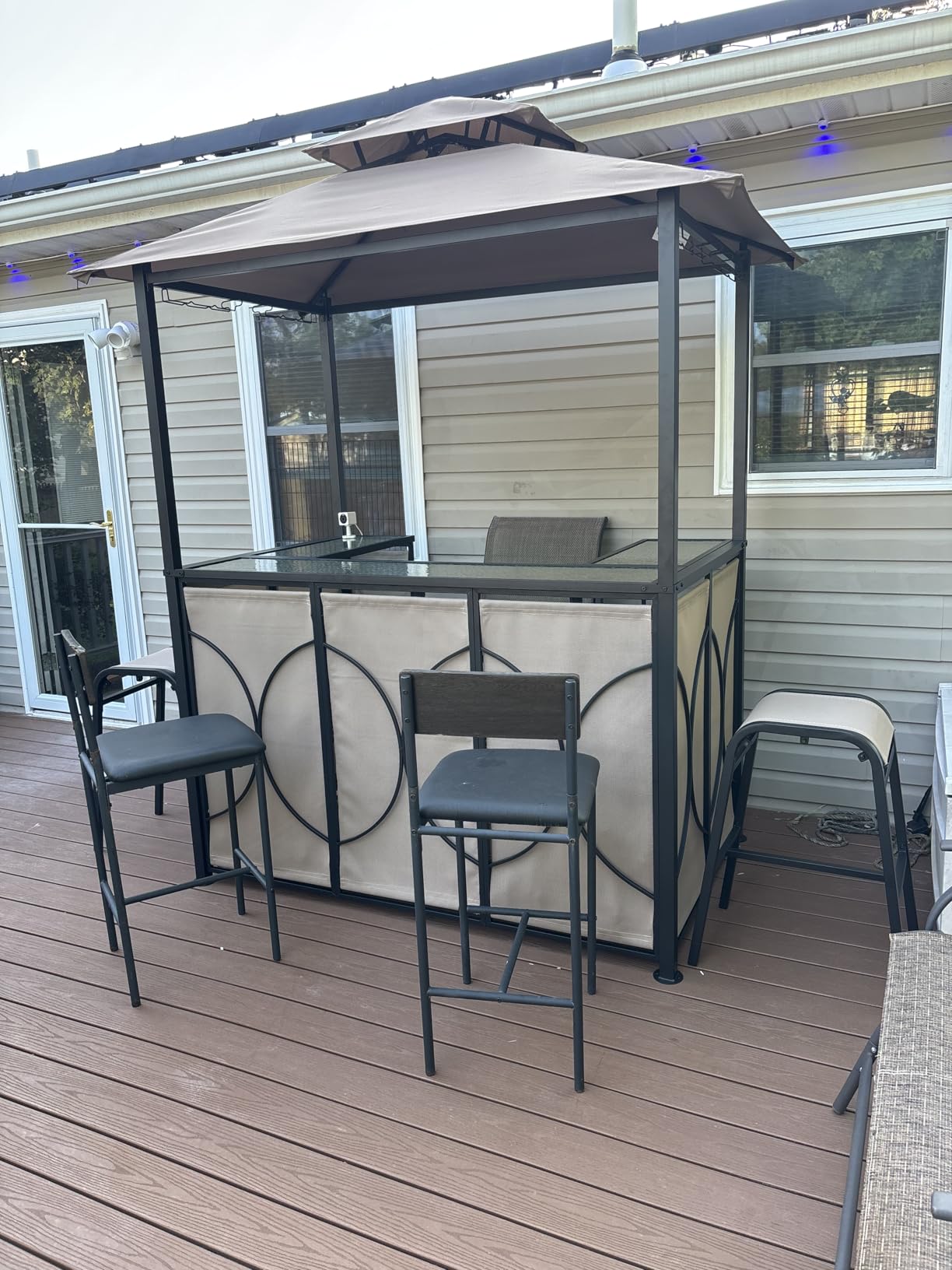 Tangkula 3-Piece Patio Bar Set, Grill Gazebo & 2 Bar Stools with Tempered Glass Bar Table, Metal Storage Shelves, Glass Holders, Double-Tier Soft Top Canopy BBQ Gazebo Shelter for Patio Garden (Brown) customer photo 1