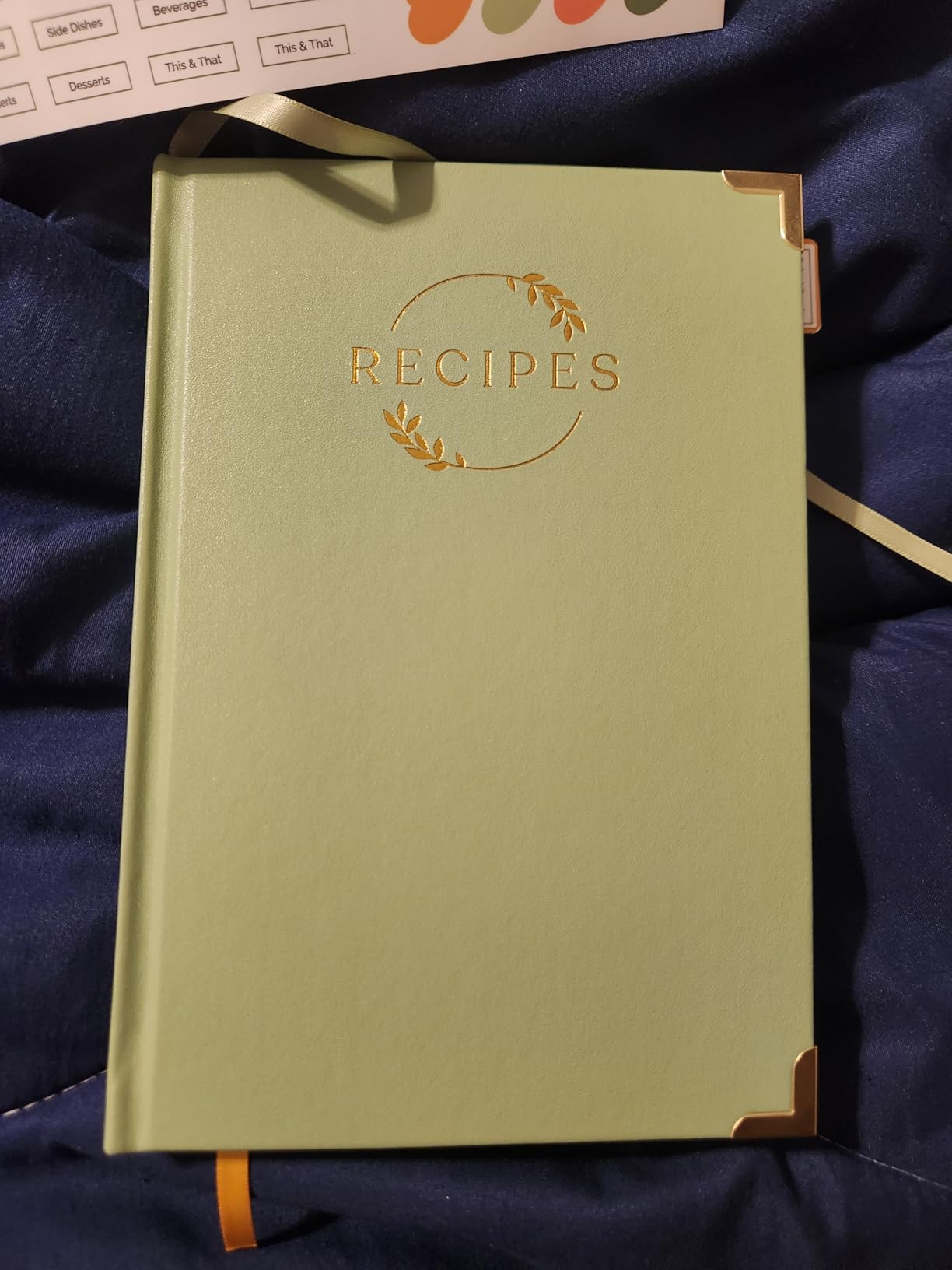 Blank Recipe Notebook | Small Blank Recipe Book to Write in Your Own Recipes | Artisan Hardcover Journal for 60 Recipes | 8.4” x 6” Leather Sage Green & Gold Hardcover | Tabs, Stickers, Pocket & Bookmarks customer photo 1