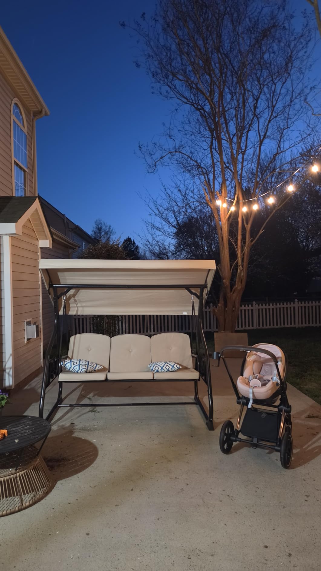 ZZW 3-Seat Patio Porch Swing 800LBS Outdoor Swing with Stand w/Canopy & Adjustable Backrest Patio Glider Chair w/Removable Pillows & Foldable Side Tray for Balcony Garden Deck (Blue) customer photo 1