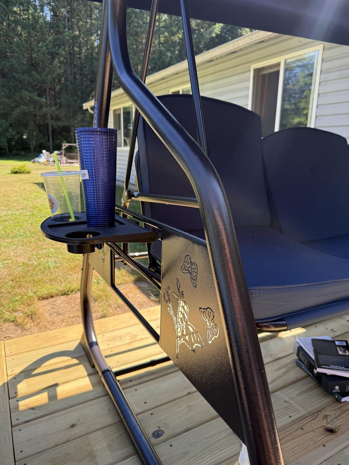 ZZW 3-Seat Patio Porch Swing 800LBS Outdoor Swing with Stand w/Canopy & Adjustable Backrest Patio Glider Chair w/Removable Pillows & Foldable Side Tray for Balcony Garden Deck (Blue) customer photo 2