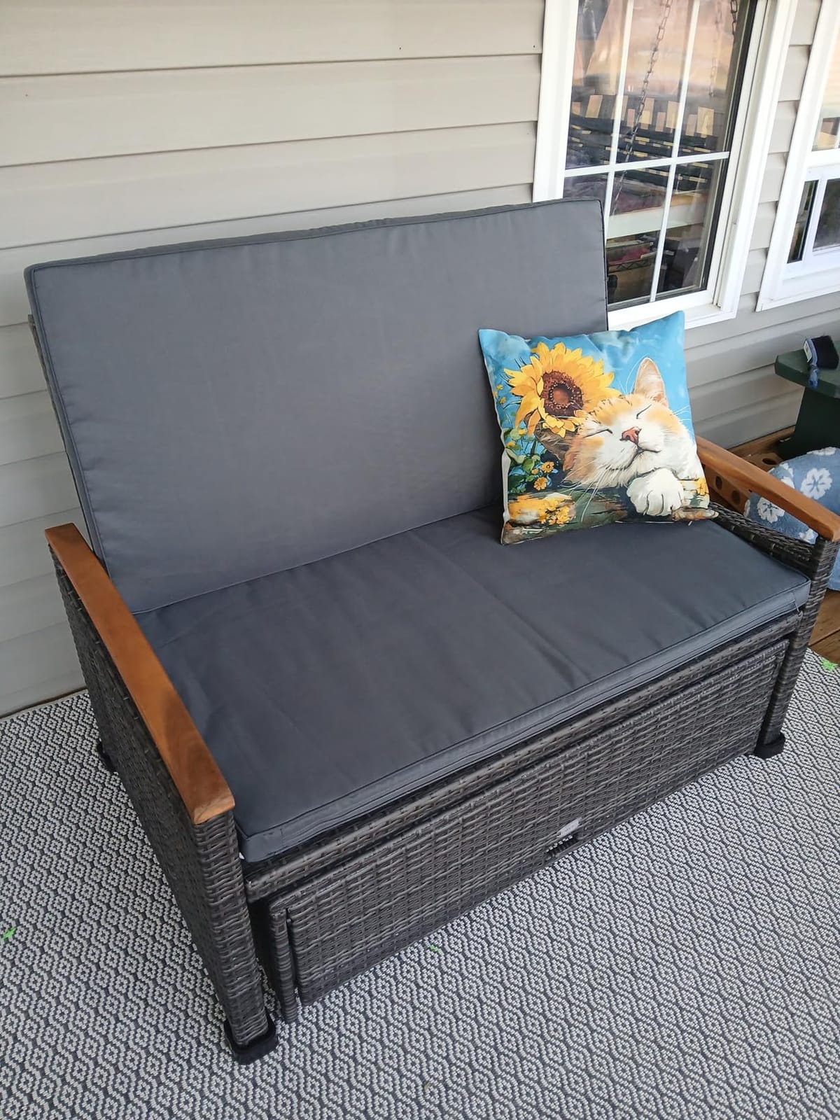 LDAILY Moccha Outdoor Wicker Daybed, Patio Rattan Loveseat Sofa w/ 4-Level Adjustable Backrest, Folding Panels, Storage Ottoman & Cushions, Lounge Furniture Set for Poolside Backyard Porch (Beige) customer photo 2