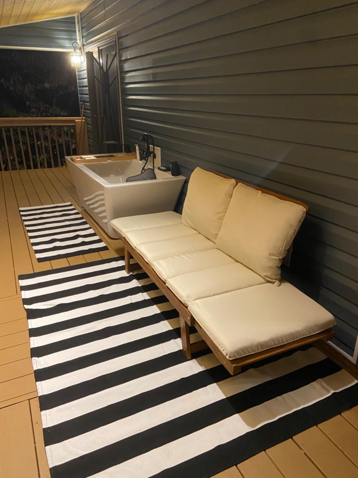 Greesum Patio Convertible Couch Sofa Bed with Adjustable Armrest, Acacia Wood Outdoor Daybed with Cushion & Pillow, Folding Chaise Lounge Bench for Porch Courtyard Poolside,White customer photo 2
