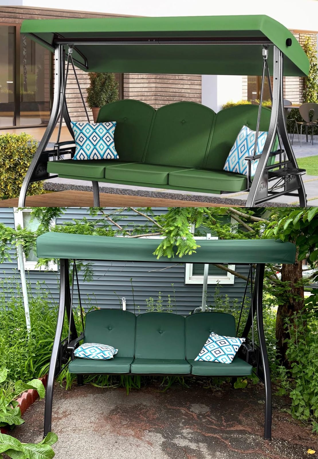 ZZW 3 Seat Outdoor Porch Patio Swing with Stand 800lbs 2-in-1 Convertible Swing Bed with Adjustable Canopy & Removable Cushion for Yard Garden Deck (Blue, Square Tube) customer photo 2