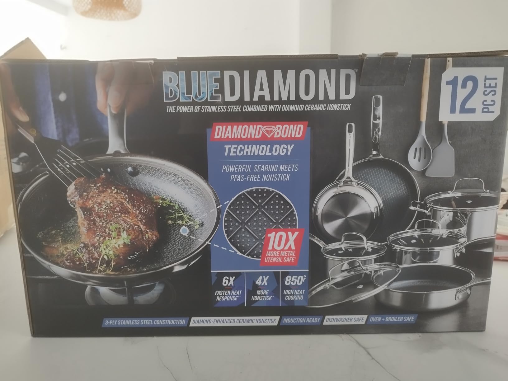 Blue Diamond Hybrid 12 Piece Stainless Steel Nonstick Cookware Set | PFAS-Free Ceramic Nonstick Pots & Pans, Diamond Bond, Induction & All Cooktop Ready, Dishwasher and Oven Safe, Glass Lids customer photo 1