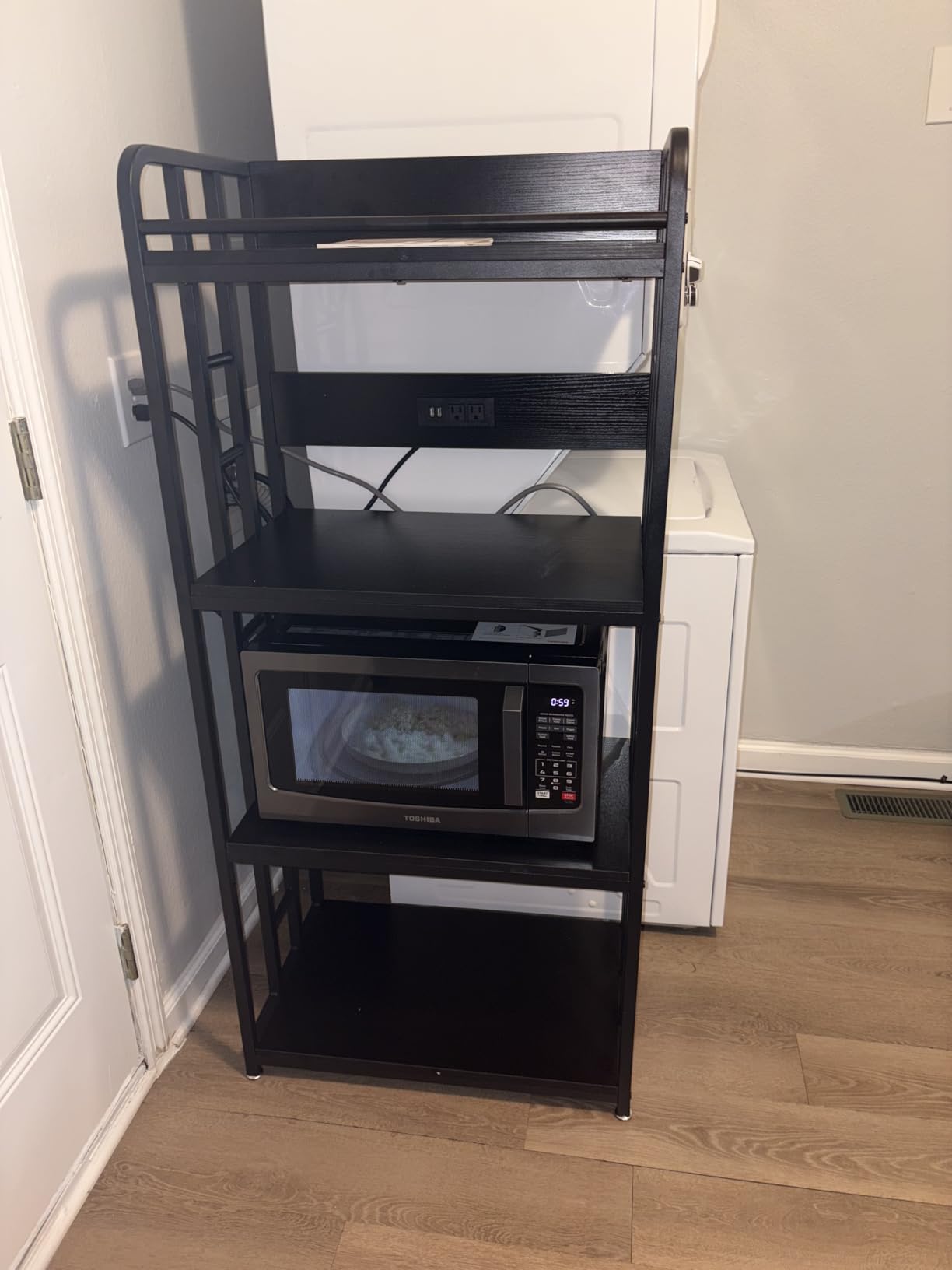 METYERRY Microwave Stand with Storage, 4-Tier Kitchen Bakers Rack with Power Outlet and USB Charging Ports, Rolling Kitchen Cart with Lockable Wheels and Adjustable Shelves for Coffee Bar, Rustic Brown customer photo 2