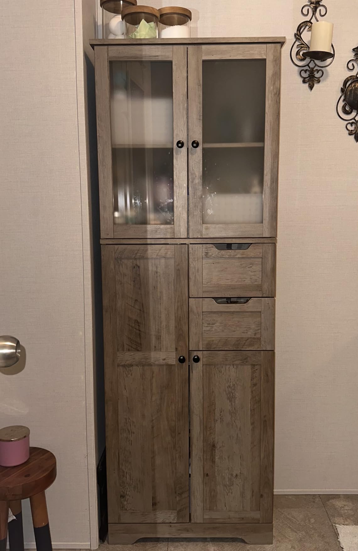 BOTLOG 67'' Tall Bathroom Storage Cabinet, Linen Cabinet with Glass Doors and Adjustable Shelves, Kitchen Pantry with 2 Drawers for Bathroom, Living Room, Dining Room, Blue customer photo 1