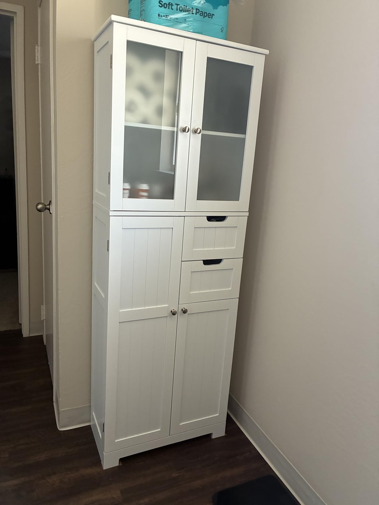 BOTLOG 67'' Tall Bathroom Storage Cabinet, Linen Cabinet with Glass Doors and Adjustable Shelves, Kitchen Pantry with 2 Drawers for Bathroom, Living Room, Dining Room, Blue customer photo 2