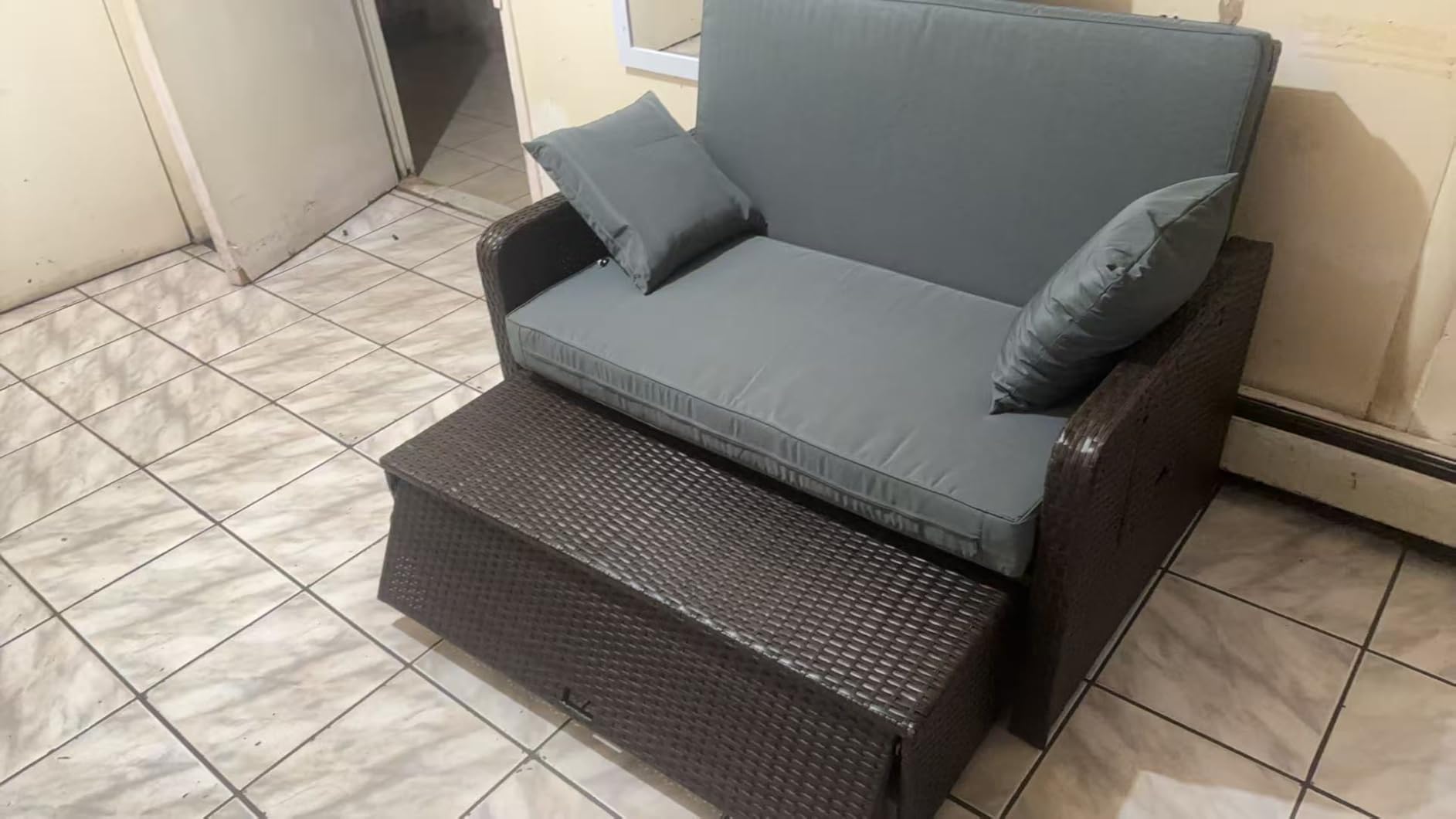 Nightcore Wicker Patio Outdoor Daybed, Outdoor Chaise Lounger w/ 4-Level Adjustable Backrest, Retractable Side Trays, Storage Ottoman, Comfortable & Removable Cushions, Rattan Loveseat (Beige) customer photo 1