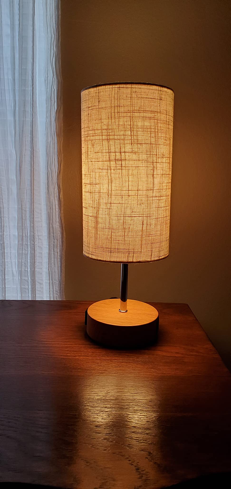 KPQ Bedside Lamp Touch Control Table Lamp with USB A+C Charging Ports & AC Outlet 3-Way Dimmable Nightstand Lamp with Linen Fabric Shade (Beige Shade-Wood Base, 14