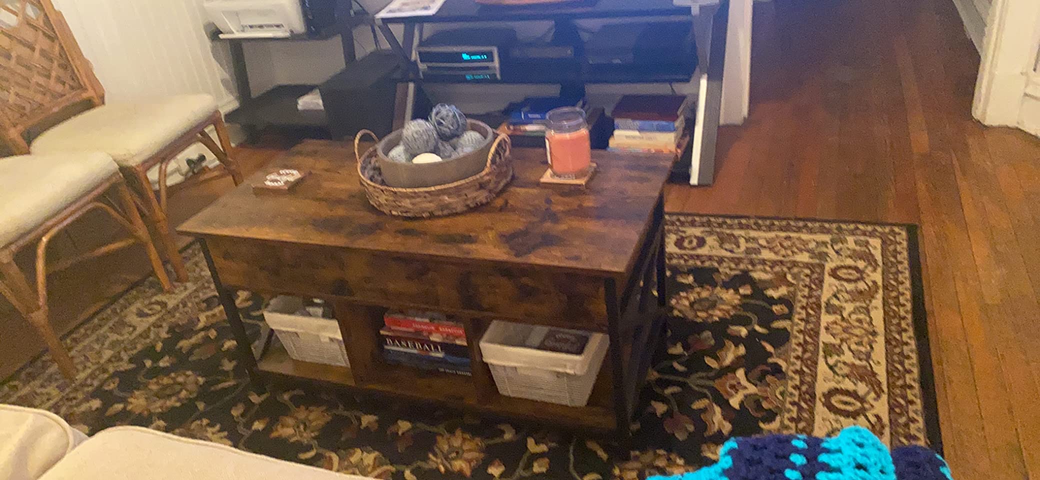 VASAGLE Lift Top Coffee Table, 3 in 1 Center Table with Storage, 2 Drawers | Gas Spring, 3 Hidden Compartments, Open Shelf, for Living Room, Honey Brown and Rustic White, SIREN Collection ULCT254W01 customer photo 2