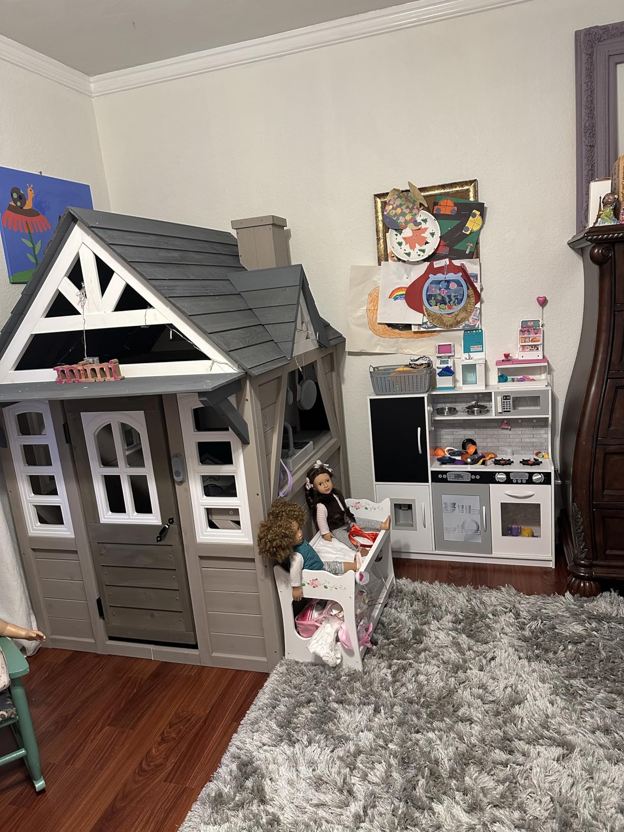 Seizeen Outdoor Play House for Kids, Fir Wooden Kids Playhouse Outdoor Indoor Cottage Toddler Playhouse with Kitchen, Dutch Door, Bench, Flowerpot Holders, Working Doorbell, Pet Hole, Clock (Brown) customer photo 2