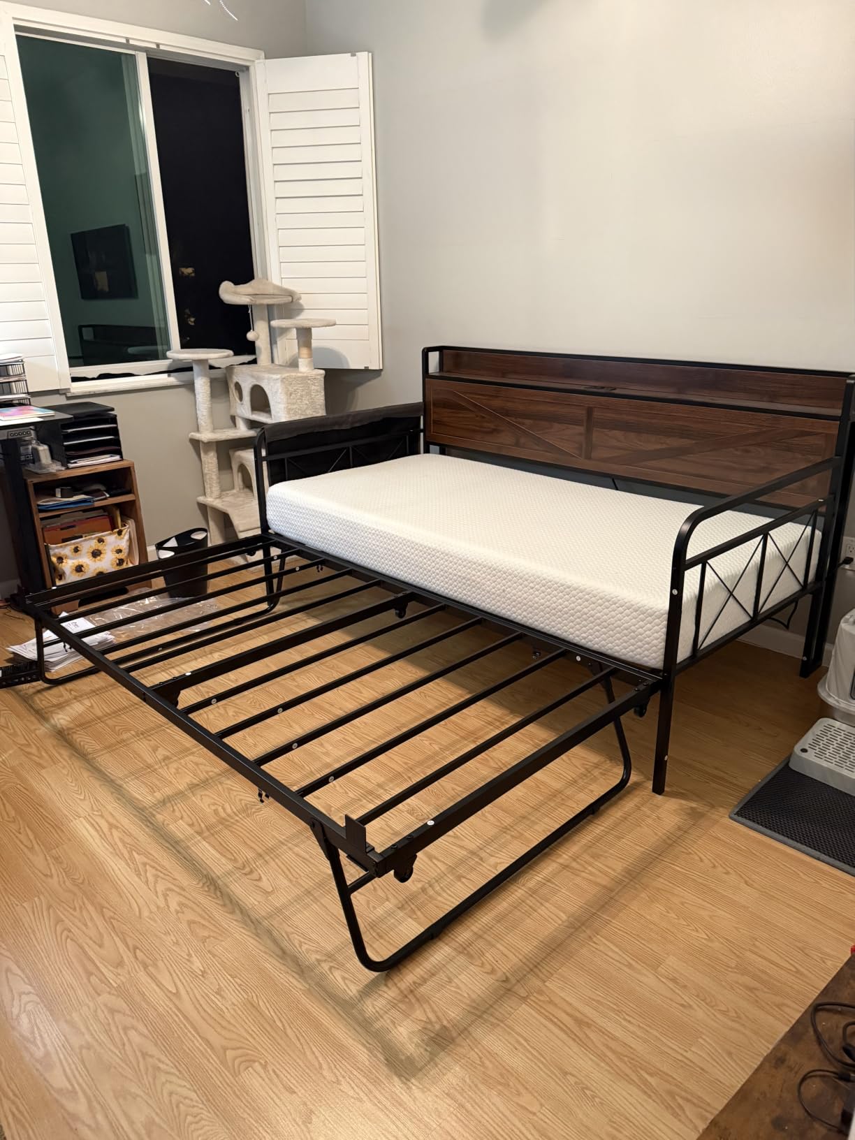 LIKIMIO Twin Daybed with Pop Up Trundle & Charging Station & Storage Shelf | Pop Up Trundle with Smooth Wheels, Strong Supports for Apartment and Small Space, Dark Brown customer photo 2