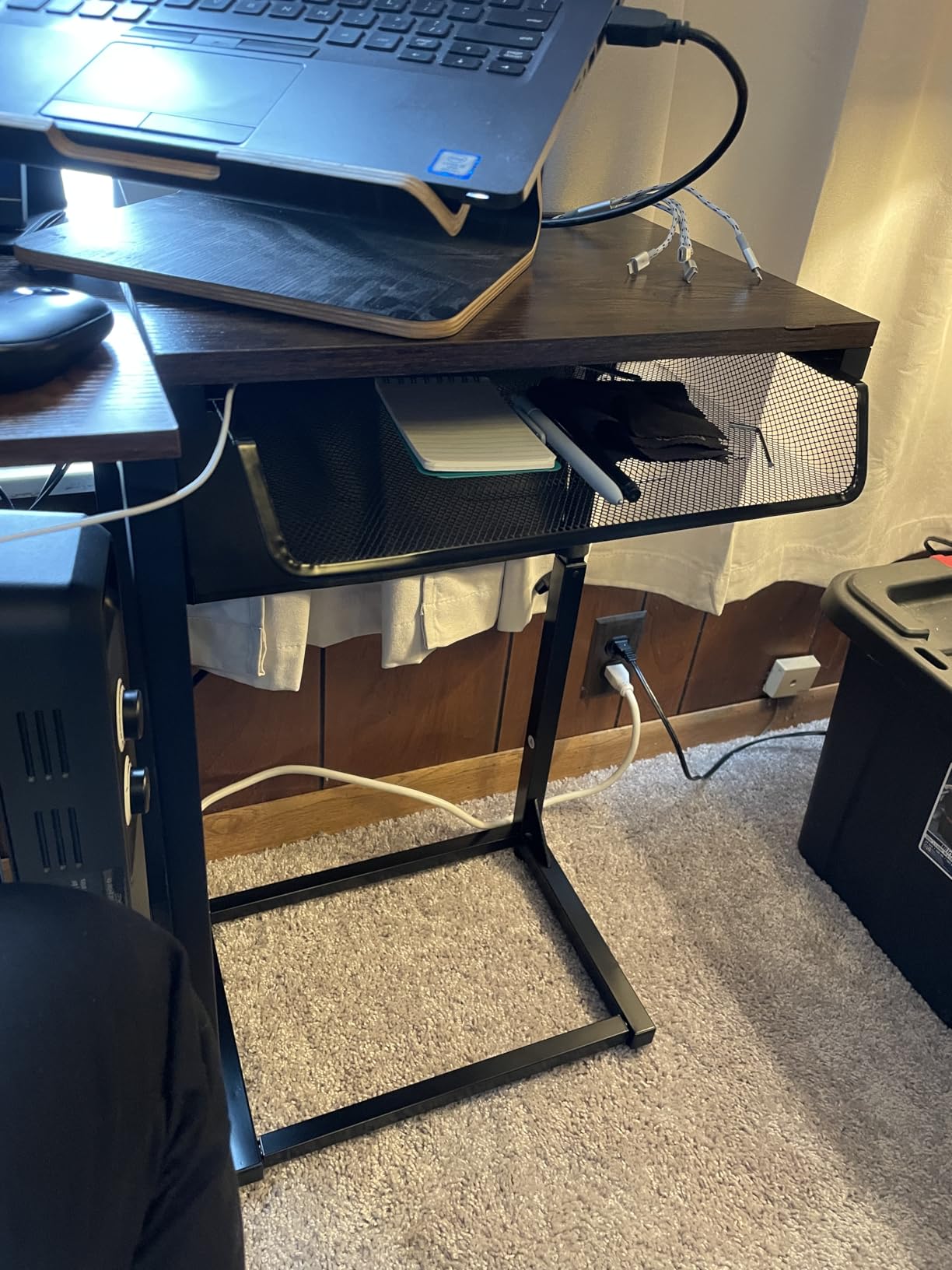 Simple Trending Side Table, C Shaped End Table with Charging Station, Couch Table with Storage Bag, Adjustable Height, Rustic Brown customer photo 2