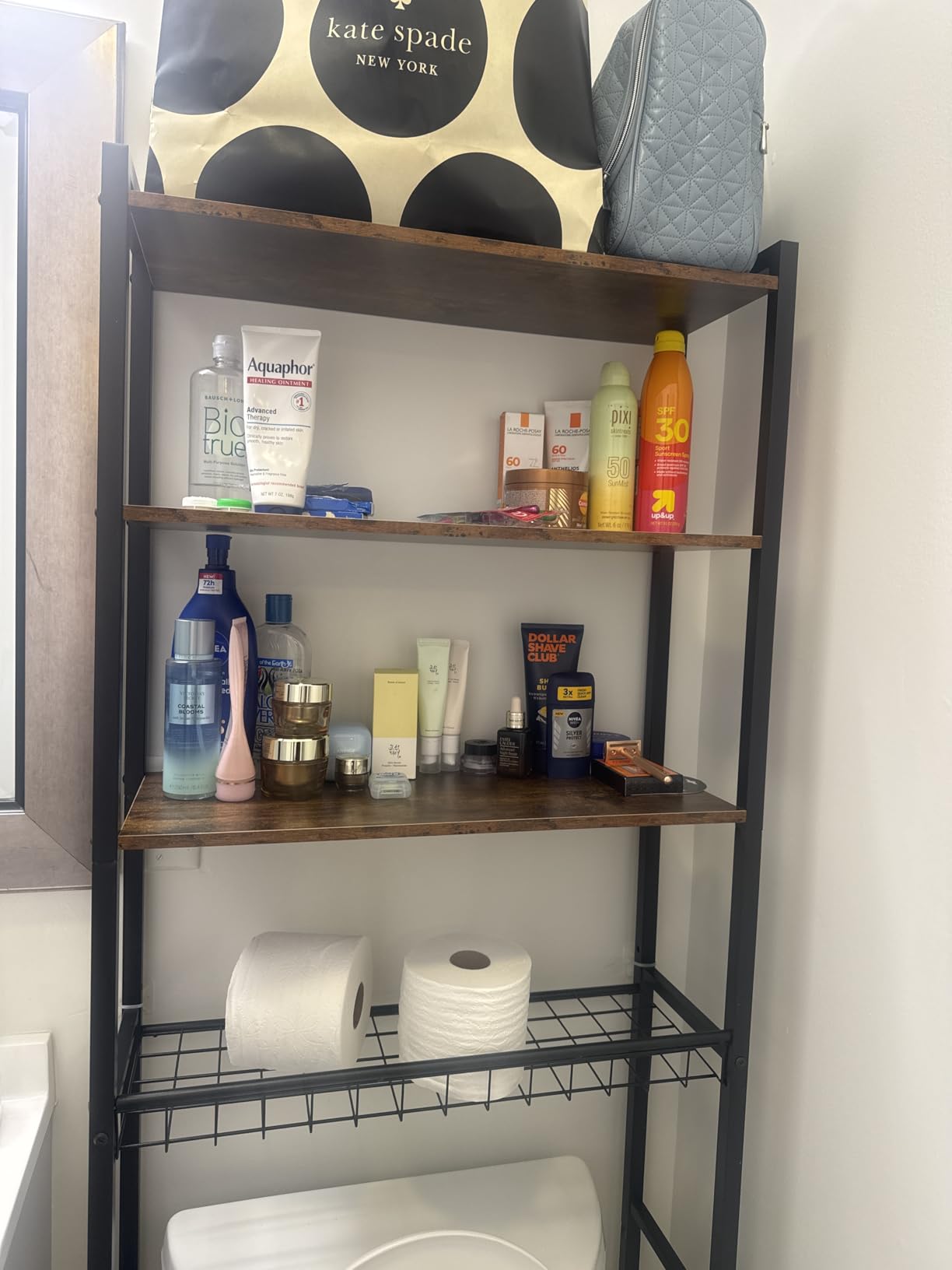 4-Tier Over-the-Toilet Storage Rack with One-Piece Wooden Shelves & Open Net Basket, Bathroom Organizer with Adjustable Feet & Anti-Tip Kit, Space-Saving Toilet Shelf, Brown, 24.4
