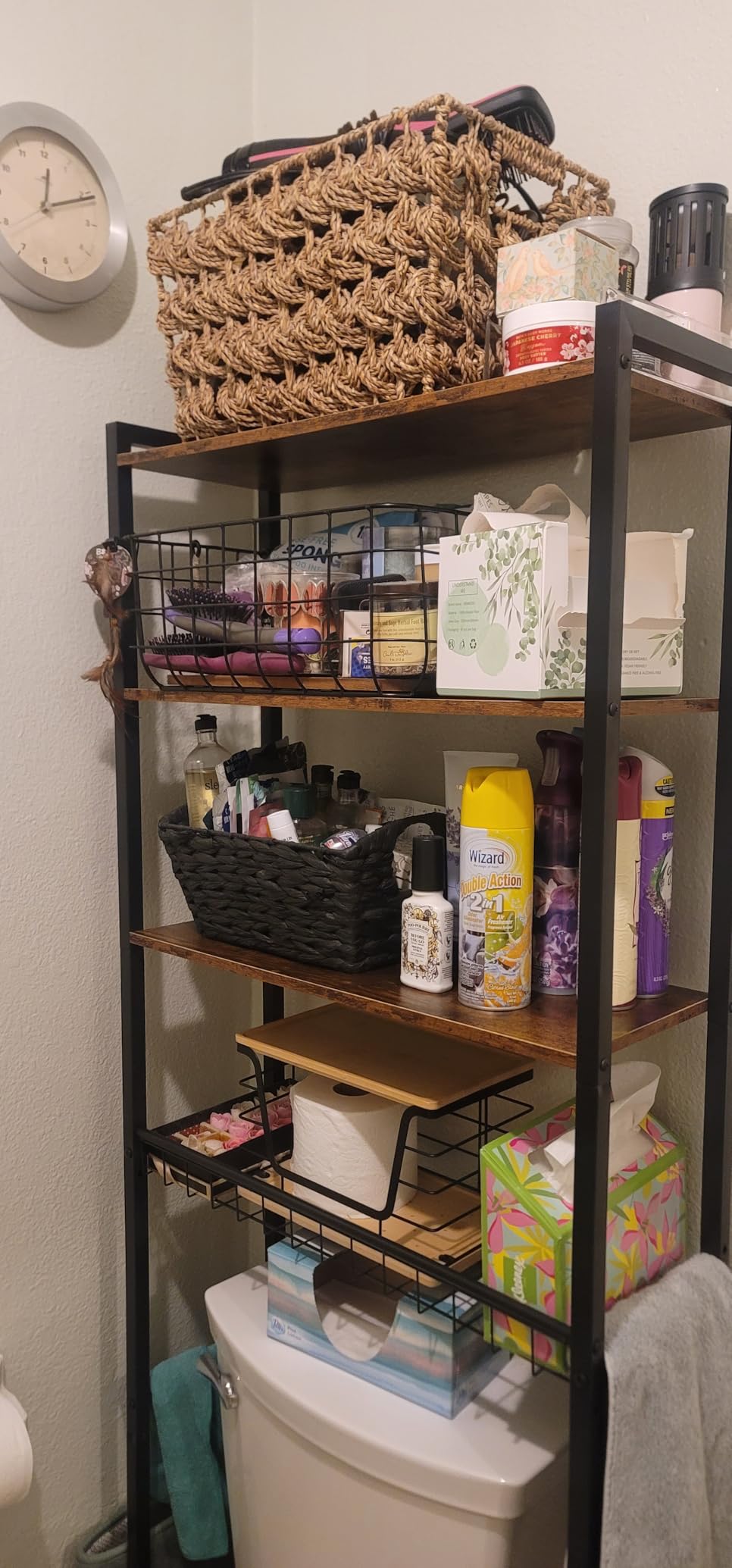 4-Tier Over-the-Toilet Storage Rack with One-Piece Wooden Shelves & Open Net Basket, Bathroom Organizer with Adjustable Feet & Anti-Tip Kit, Space-Saving Toilet Shelf, Brown, 24.4