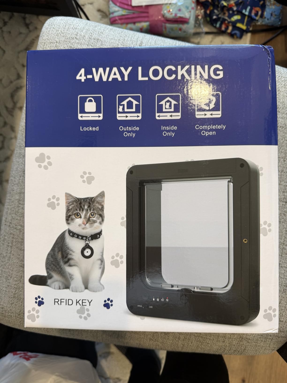Smart Cat Door with 4 Collar Sensor Key, RFID Cat Door Collar Activated with Remote Control, 4 Way Locking Cat Flap Automatic Pet Door Interior & Exterior(White) customer photo 1