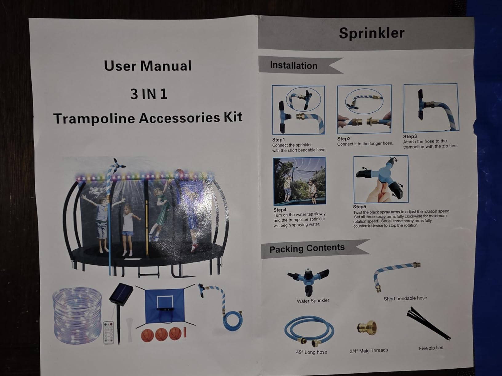 3-in-1 Trampoline Accessories Kit: 360°Rotating Water Sprinkler, 50FT Solar-Powered LED Lights & Kids Basketball Hoop with 3 Mini Balls / 8 Light Modes, Universal Fit for 8-16ft Trampolines customer photo 2