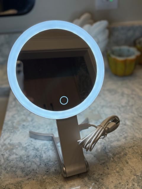 MIYADIVA Travel Makeup Mirror with Lights, Height Adjustable 30X/1X Double-Sided Magnifying Mirror, Portable Vanity Mirror with Digital Display & Phone Holder, Handheld Tabletop Hanging, Rose Gold customer photo 2