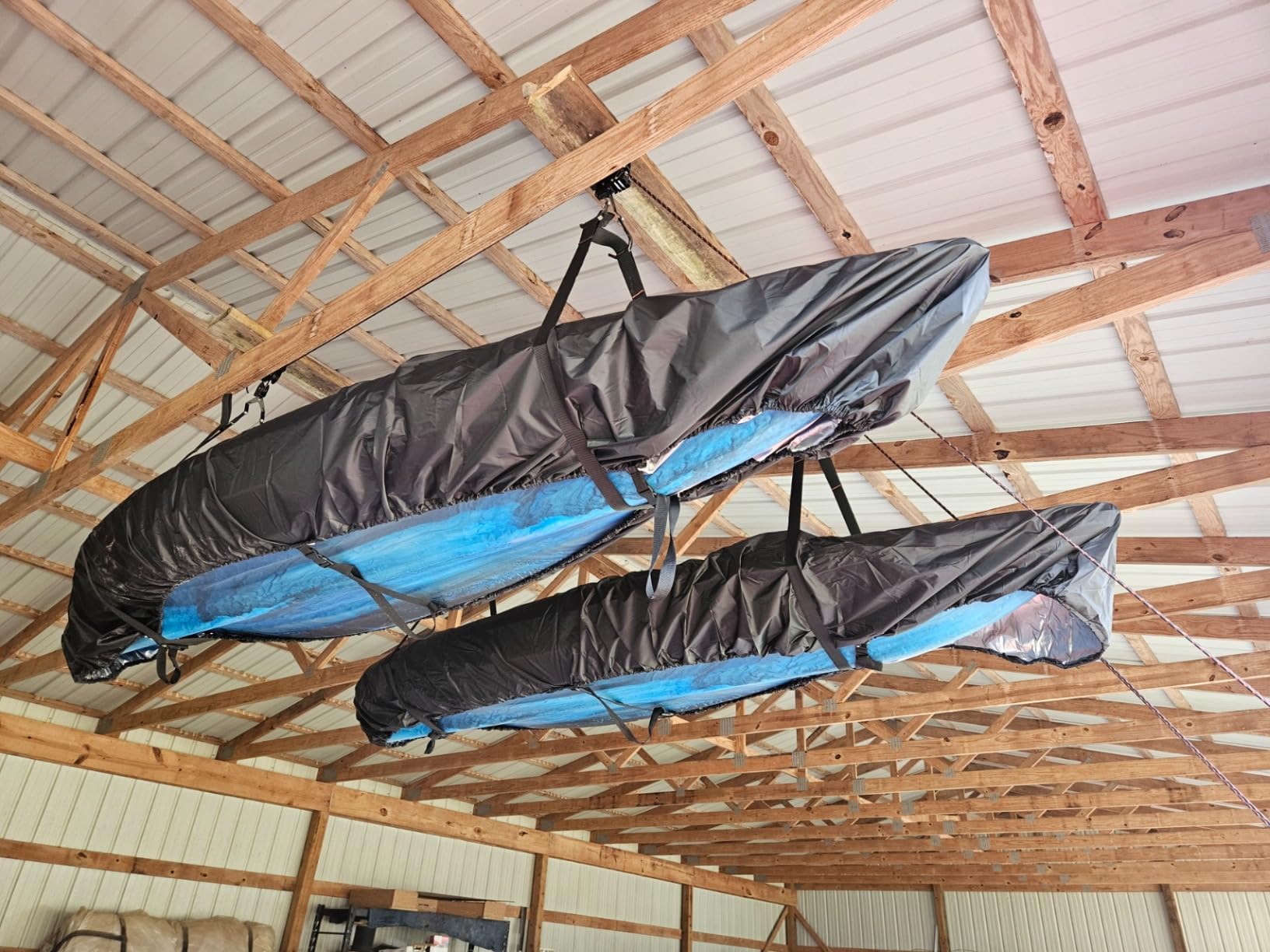 Kayak Ceiling Storage Bike Ceiling Mount Kayak Hoist Lift Storage Garage Pulley System for Canoe Paddleboard Bike Ladder 100 lbs Capacity with Straps customer photo 2