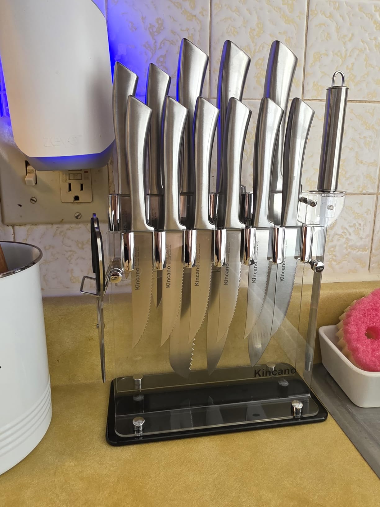 Knife Set, 14 PCS High Carbon Stainless Steel Super Sharp Kitchen Knife Set for Chef with Acrylic Stand, include Steak Knives, Sharpener and Scissors, Ergonomical Design by kincano customer photo 2