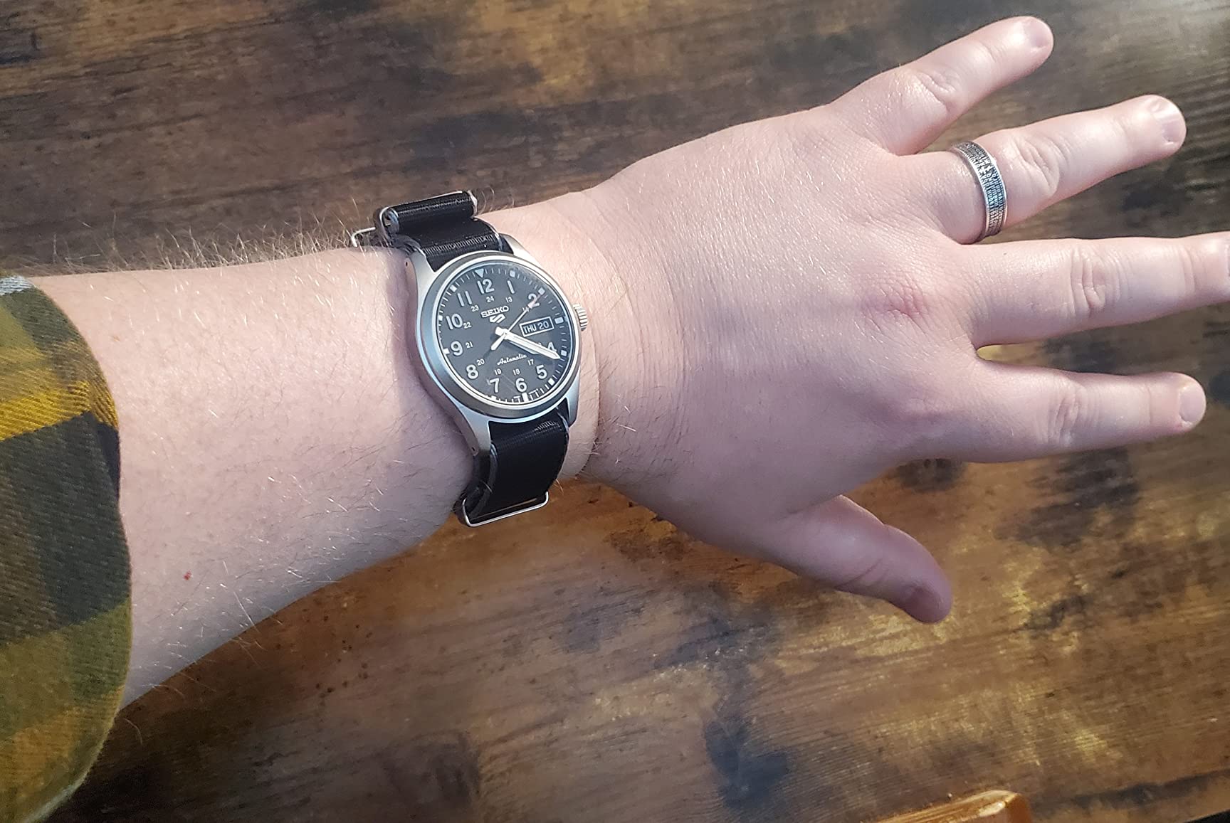 SEIKO SRPG37 Watch for Men - 5 Sports - Automatic with Manual Winding Movement, Black Dial, Stainless Steel Case, Black Nylon Strap, 100m Water Resistant, and Day/Date Display customer photo 1
