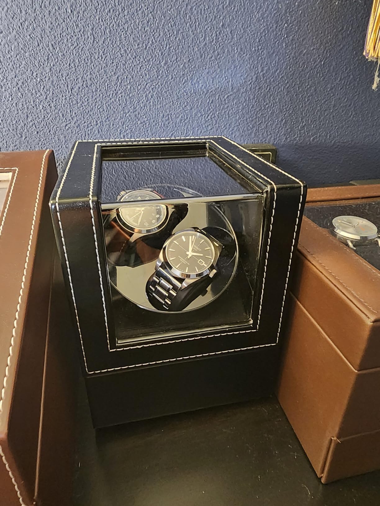 Mcbazel Watch Winder for Automatic Watches, Double Automatic Watch Winder Box with Quiet Japan-made Motor, Automatic Watch Display Storage Rotation Wristwatch Box with 2 Slots (Black PU Leather) customer photo 2