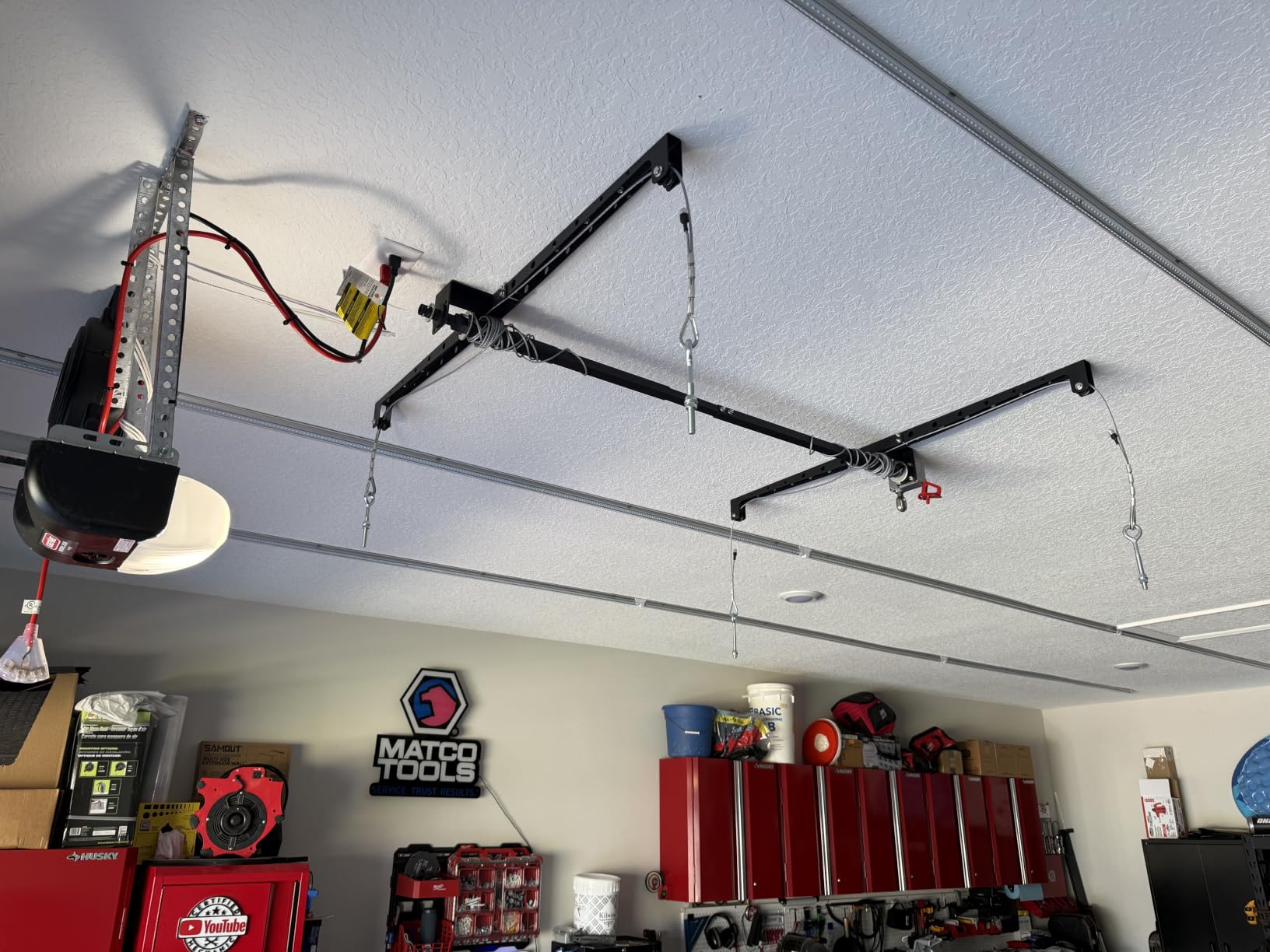 Overhead Garage Storage Rack for 8-10 FT Ceiling, Heavy-duty 4x4 FT Ceiling Storage Racks with Safety Lock, Ideal for Garage Storage Mounted Lift System and Storage Organizer, 250lb Capacity customer photo 2