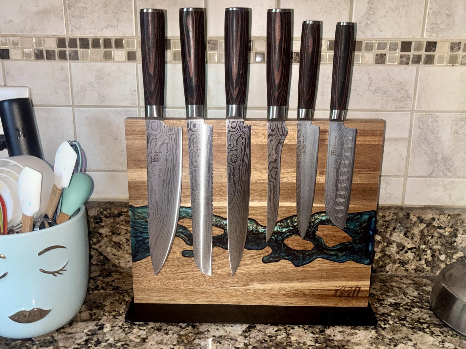 FINDKING Magnetic Knife Block, Double Sided Holder, Powerful Magnet Kitchen Storage, Acacia Wood and Blue Resin (12 x 10 Inches, Without Knives) customer photo 1