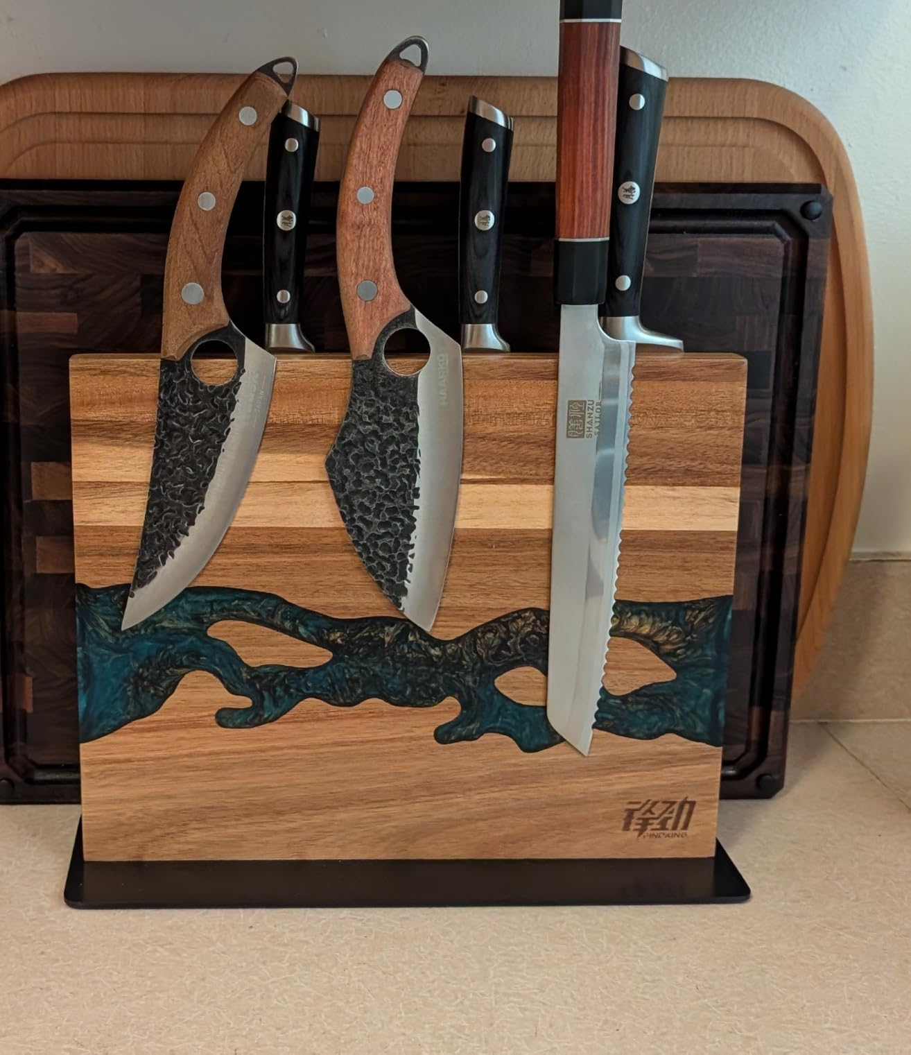 FINDKING Magnetic Knife Block, Double Sided Holder, Powerful Magnet Kitchen Storage, Acacia Wood and Blue Resin (12 x 10 Inches, Without Knives) customer photo 2
