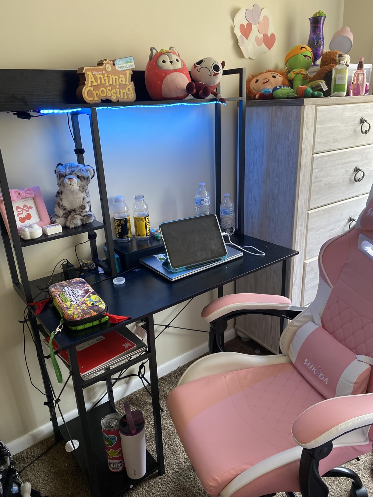 Cyclysio Gaming Desk with Hutch, 39'' Computer Desk with LED Lights & Power Outlets, Home Office Desk with Reversible 5 Tiers Storage Shelves & Monitor Stand, Small Gaming Table for Small Space, Black customer photo 2