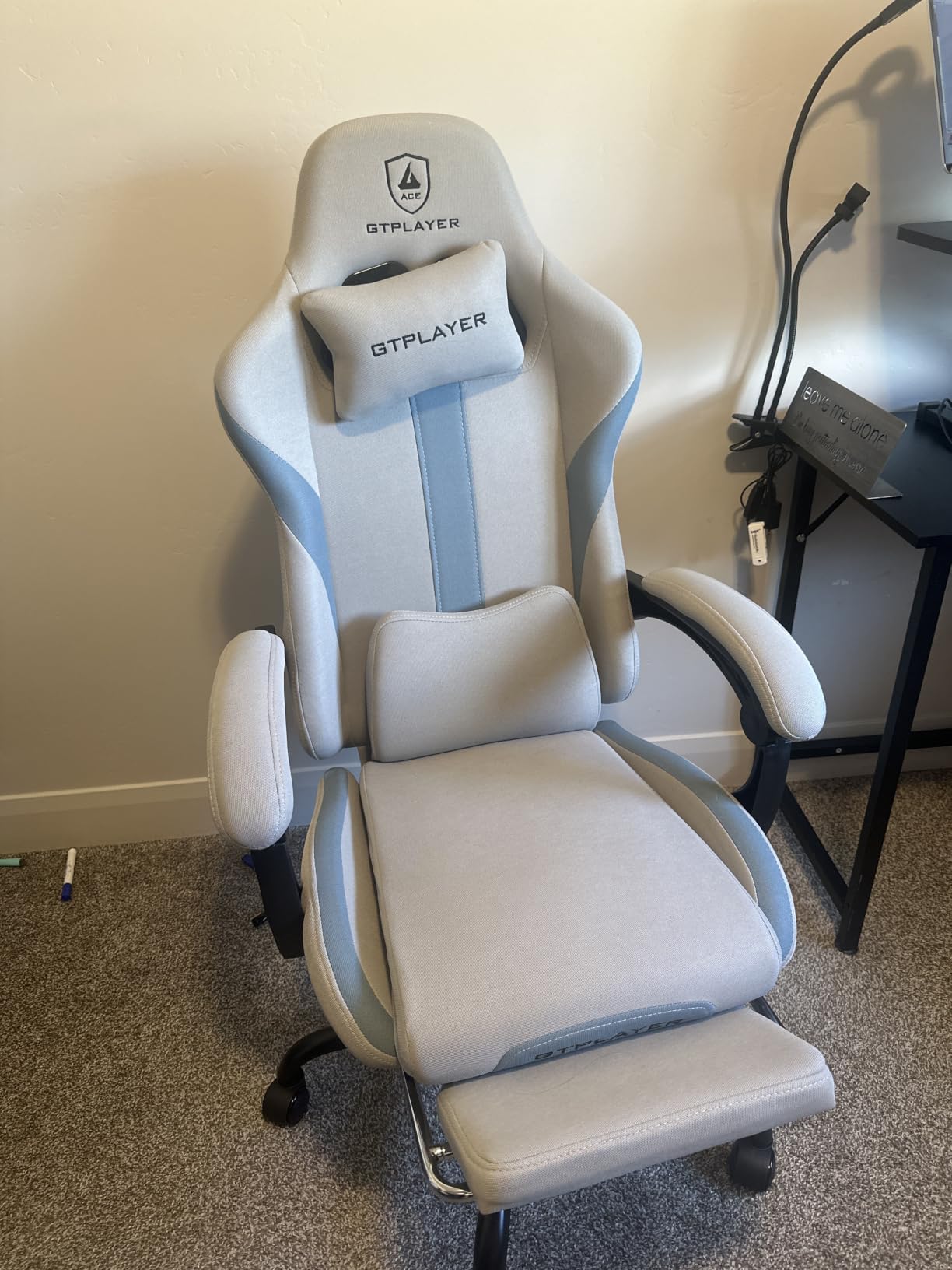 GTPLAYER Gaming Chair with Foot Rest & Pocket Spring Cushion, Ergonomic High Back Computer Desk Chair with Headrest & Lumbar Support for Back Pain Relief, Breathable Fabric, Mist-Blue customer photo 2